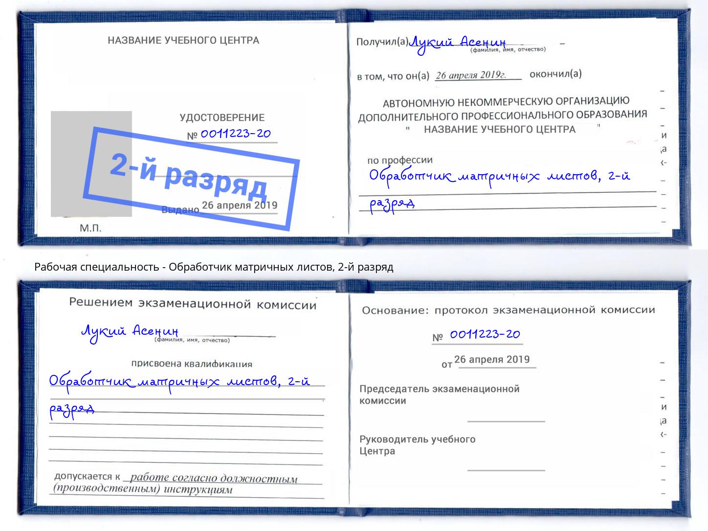 корочка 2-й разряд Обработчик матричных листов Норильск